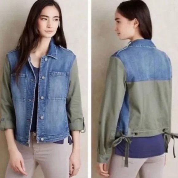 Anthro Pilcro Letterpress S Blue Jean Denim Jacket Green Army‎ Military - Picture 1 of 9
